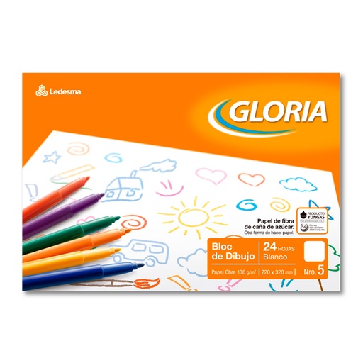 [GLORIABKBLA5] Block de dibujo Gloria N°5, 24 hojas blancas